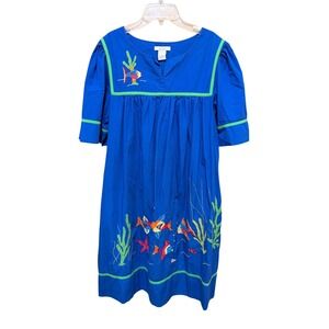 bechamel Womens Blue Embroidered Fish Nautical Cottagecore Midi‎ Dress Size M